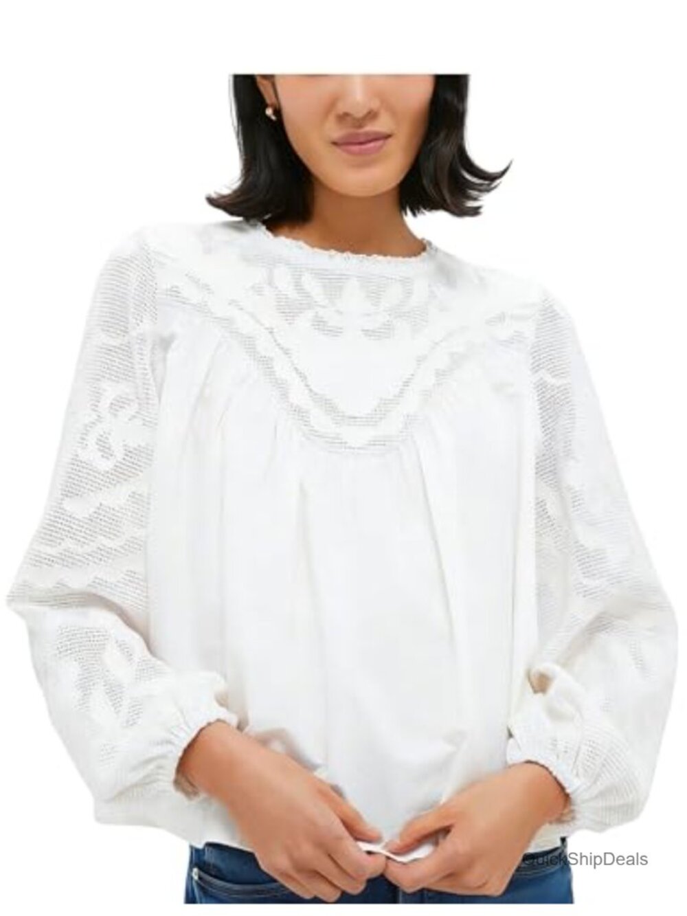 Women's Long Sleeve Lace Blouse Embroidered Mesh Babydoll Top